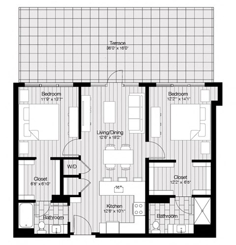 Floor plan for 2 beds, 2 baths, 1125 sqft